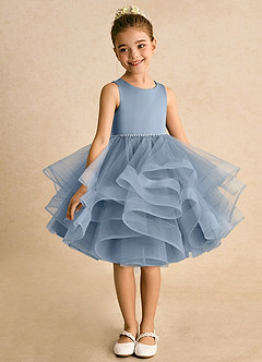 Azazie Tinie Flower Girl Dresses Dusty Blue Ball-Gown Bow Tulle Dress image3