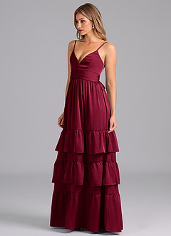 Azazie Nathalia Essayer des robes à la maison Robe Trapèze en Satin extensible Plissée Bourgogne image4