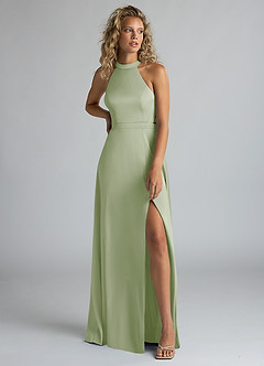 Azazie Clarice Bridesmaid Dresses Dusty Sage A-Line High Neck Stretch Satin Dress image5