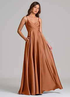 Azazie Amani Bridesmaid Dresses Copper A-Line Pleated Stretch Satin Dress image4