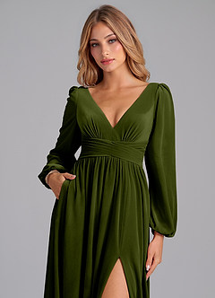 Azazie Norah Robes de demoiselle d'honneur Robe Trapèze en velours Manche longue Olive image2