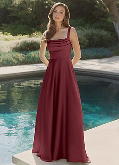 Azazie Shaude Bridesmaid Dresses Merlot A-Line Pleated Stretch Satin Dress image4