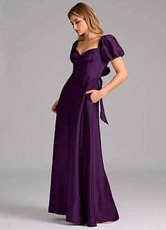 Azazie Fatima Bridesmaid Dresses Grape A-Line Pleated Stretch Satin Dress image5