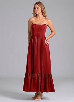 Azazie Leilana Bridesmaid Dresses Pomegranate A-Line Corset Stretch Satin Dress image5
