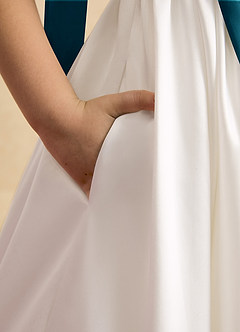 Azazie Stacie Flower Girl Dresses Ivory Ink Blue A-Line Bow Matte Satin Dress image6
