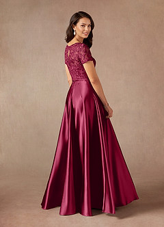 Azazie Adina Mother of the Bride Dresses Burgundy A-Line Lace Metallic Satin Dress image2