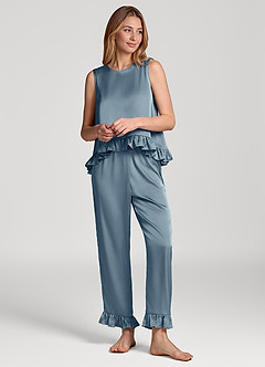 front Ruffled Sleeveless Satin Pajama Set