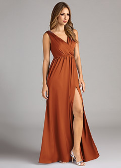Azazie Tanicia Robes de demoiselle d'honneur Robe Trapèze en Satin extensible Plissée Cannelle image4