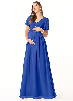 Azazie Verna vestidos de dama de honor de maternidad Vestido de Corte En A Cuello en V fruncido Hasta el suelo Gasa image3
