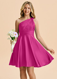 Azazie Charlize Junior Fuchsia A-Line Pleated Stretch Satin Dress image1