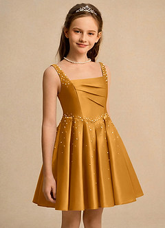 Azazie Jello Girls Formal Flower Girl Dresses Butterscotch Ball-Gown Pleated Matte Satin Dress image3