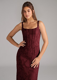 Azazie Kenna Bridesmaid Dresses Cabernet Sheath Side Slit Floral Burnout Dress image6