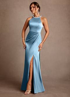 Azazie Lawrence 신부의 어머니 드레스 A라인 주름진 스트레치 새틴 플로어 길이 드레스 image2