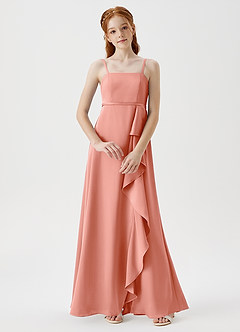 Azazie Kaylee Junior Coral A-Line with Belt Stretch Satin Dress image1