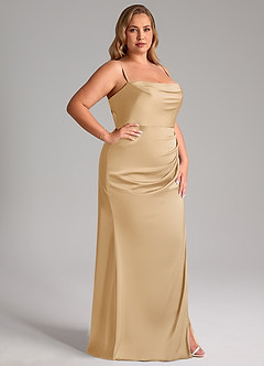 Azazie Leonis Bridesmaid Dresses Gold Mermaid Pleated Stretch Satin Convertible Dress image14