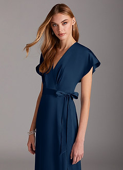 Azazie Nico Bridesmaid Dresses Dark Navy A-Line V-Neck Stretch Satin Dress image6