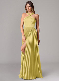 Azazie Afra Abiti da Damigella Abito A-Line in Raso Elasticizzato Plissettato Canarino image4