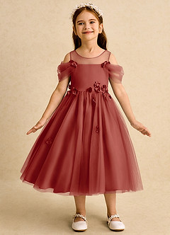 Azazie Juni Flower Girl Dresses Terracotta Ball-Gown Pleated Tulle Dress image4