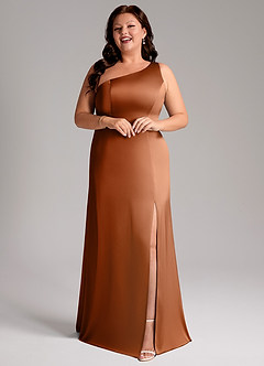Azazie Phaedra Bridesmaid Dresses Copper A-Line One Shoulder Stretch Satin Dress image6