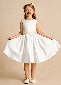Azazie Sosie Flower Girl Dresses Ivory White Alabaster A-Line Pleated Matte Satin Dress image2
