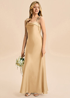 Azazie Willa Junior Gold A-Line Bow Stretch Satin Dress image5