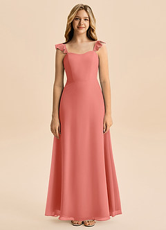 Azazie Mavie Junior Abito A-Line in Chiffon Increspato Salmone Rosa image4