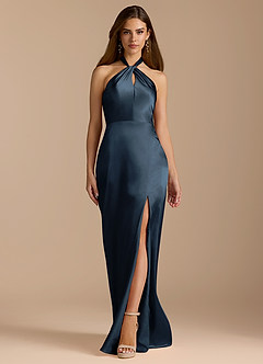 Azazie Tracie Vestidos de damas de honor Vestido de Azul Marino Oscuro de Satén Metálico de Corte en A con Plisado image6