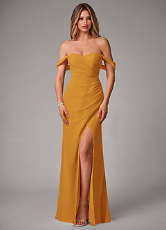 Azazie Haisley Bridesmaid Dresses Butterscotch Sheath Off the Shoulder Chiffon Convertible Dress image4