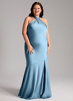 Azazie Lorena Bridesmaid Dresses Steel Blue Mermaid Pleated Stretch Satin Dress image9