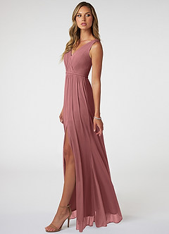 Azazie Tanicia Bridesmaid Dresses Desert Rose A-Line V-Neck Pleated Mesh Dress image3