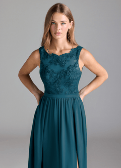 Azazie Elly Bridesmaid Dresses Ink Blue A-Line Lace Stretch Satin Dress image5