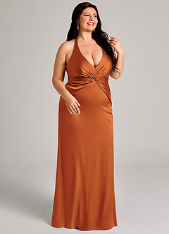 Azazie Valerie Vestidos de damas de honor Vestido de Canela de Satén Elástico de Corte Sirena con Plisado image4