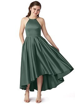 Azazie Jemima Junior Robe Trapèze en Satin extensible avec poches Mousse De Mer image1
