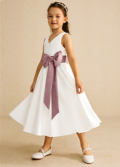 Azazie Darling Flower Girl Dresses Ivory Dusty Rose A-Line Bow Cotton Dress image3