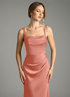 Azazie Alouette Bridesmaid Dresses Salmon Pink Mermaid Pleated Stretch Satin Dress image5