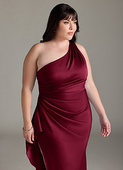 Azazie Latrice Bridesmaid Dresses Burgundy Sheath One Shoulder Cascading Ruffles Stretch Satin Dress image11