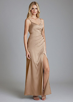 Azazie Azuree Bridesmaid Dresses Taupe A-Line Pleated Stretch Satin Dress image3