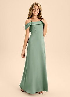 Azazie Anselie Junior Jurk van Stretch Satijn met A-Lijn Off the Shoulder Matcha image5