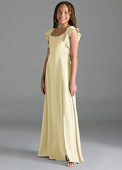 Azazie Bondi Junior Lemon Sorbet A-Line Side Slit Stretch Satin Dress image4