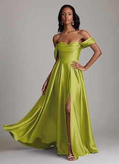 Azazie Loisa Abiti da Damigella Abito A-Line in Raso Elasticizzato a Spalla Scoperta Citronella image1