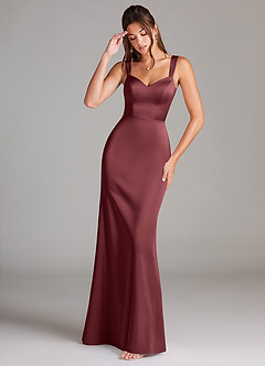 Azazie Denice Vestidos de damas de honor Vestido de Merlot de Satén Elástico de Corte Recto con Plisado image1