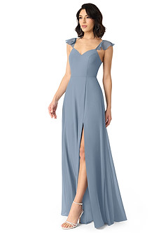 Azazie Everett Robes de demoiselle d'honneur Robe Trapèze en Mousseline de soie Col V froncé Bleu Poussiéreux image1