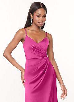 Azazie Maci Bridesmaid Dresses Fuchsia A-Line V-Neck Pleated Stretch Satin Dress image5