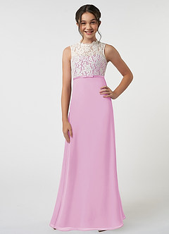 Azazie Rana Junior Candy Pink A-Line Lace Chiffon Dress image1