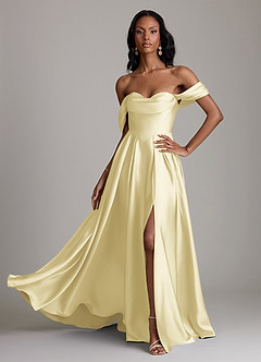 Azazie Loisa Bridesmaid Dresses Lemon Sorbet A-Line Off the Shoulder Stretch Satin Dress image1