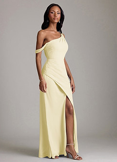 Azazie Madelyn Vestidos de damas de honor Vestido de Sorbete De Limón de Gasa de Corte Sirena Convertible con Hombro unilateral image5