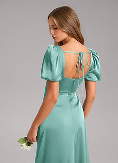 Azazie Fyona Vestidos de damas de honor Vestido de Aqua de Satén Elástico de Corte en A con Plisado image13
