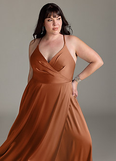 Azazie Davis Bridesmaid Dresses Copper A-Line Pleated Stretch Satin Dress image11