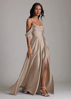 Azazie Loisa Bridesmaid Dresses Taupe A-Line Off the Shoulder Stretch Satin Dress image6