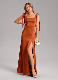 Azazie Frostine Bridesmaid Dresses Burnt Orange A-Line Bow Stretch Satin Dress image1